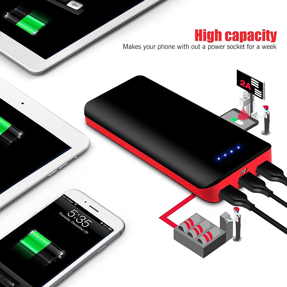 Portable 2nd Gen Deluxe 22400mAh 3 USB Power Bank - Black&Red